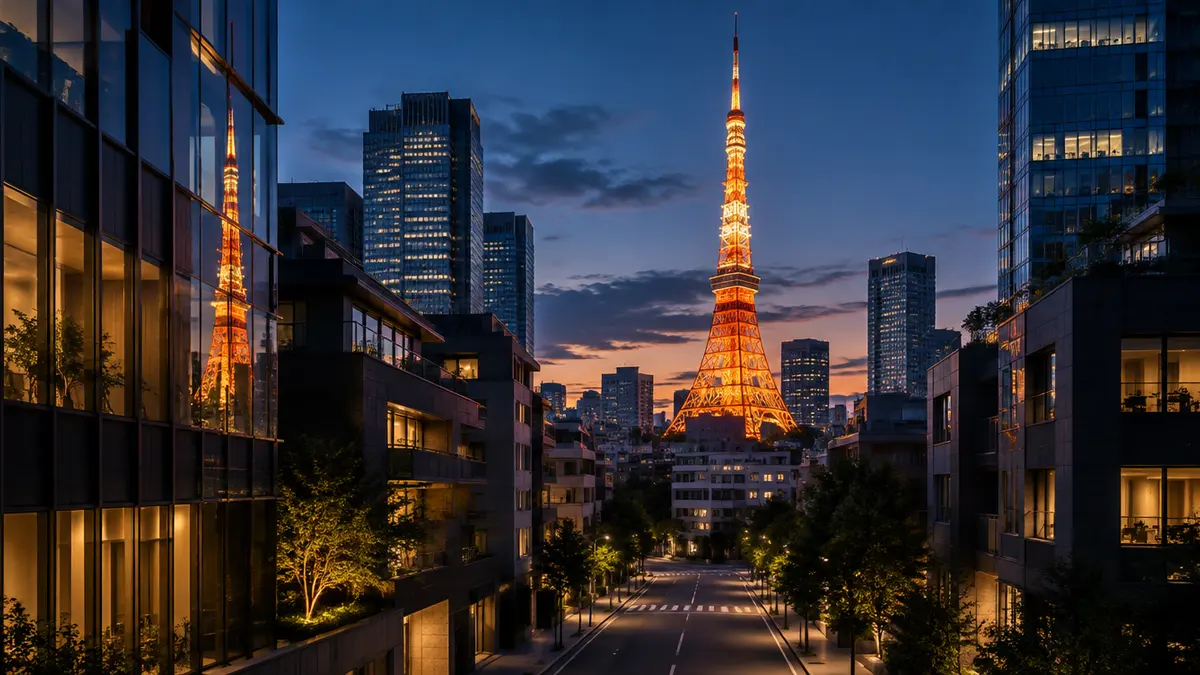 夕暮れの東京タワーと、その手前に続く港区の街並み